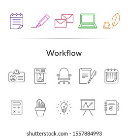 Workflow icon set. Line icons collection on white background. Office, workspace, brainstorming. Conference concept. Can be used for topics like stationery, business essentials, planning