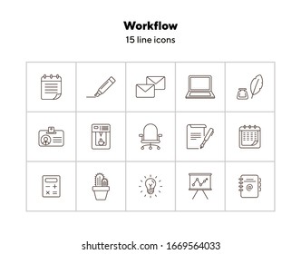 Workflow icon set. Line icons collection on white background. Office, workspace, brainstorming. Conference concept. Can be used for topics like stationery, business essentials, planning
