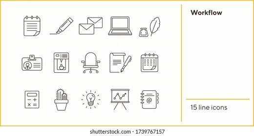 Workflow icon set. Line icons collection on white background. Office, workspace, brainstorming. Conference concept. Can be used for topics like stationery, business essentials, planning