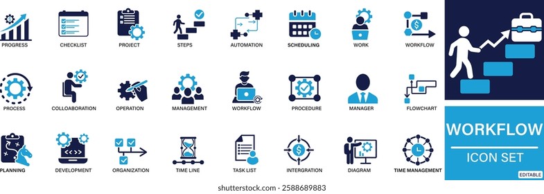 Workflow icon set process, planning, progress, scheme, management, diagram, flowchart You can easily change the color