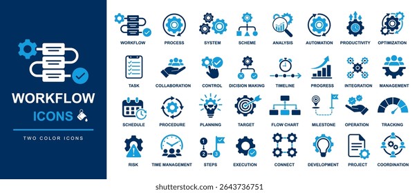 workflow icon set for startup and entrepreneur. workflow icons including progress, process, system, scheme, analysis, development, automation, chart, diagram, strategy, planning, innovation, project
