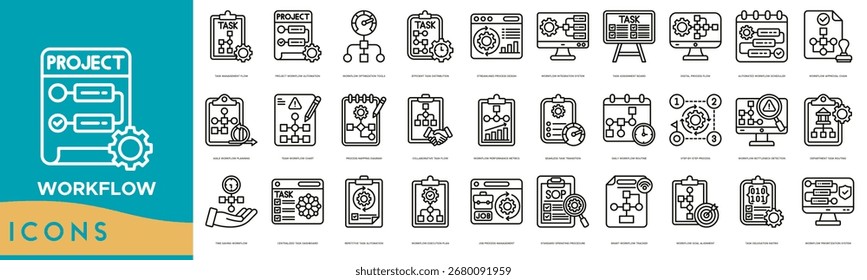 fluxo de trabalho Conjunto de ícones. Fluxo de gerenciamento de tarefas, automação do fluxo de trabalho do projeto, ferramentas de otimização do fluxo de trabalho, distribuição eficiente de tarefas, projeto otimizado de processos e sistema de integração do fluxo de trabalho