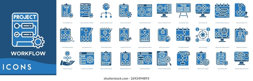 fluxo de trabalho Conjunto de ícones. Fluxo de gerenciamento de tarefas, automação do fluxo de trabalho do projeto, ferramentas de otimização do fluxo de trabalho, distribuição eficiente de tarefas, projeto otimizado de processos e sistema de integração do fluxo de trabalho