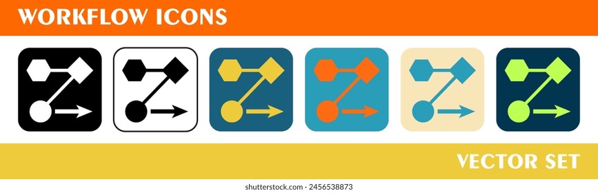 Workflow icons set. 6 style icons with various colors. For sign, symbol, web design or web graphics. 