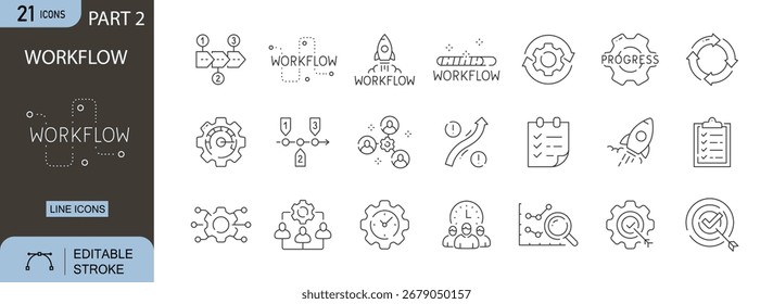 Ícones de fluxo de trabalho definidos. Inclui ícones para processo, tarefas, linha do tempo, gráfico, automação, plano e progresso. Traçado editável. Ícones de linha. Perfeito para negócios, infográficos e gerenciamento.
