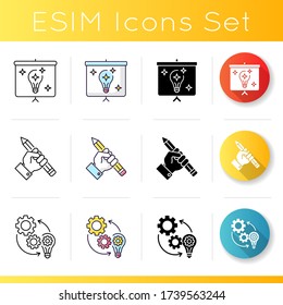 Workflow icons set. Show presentation for finalized project. Reserch for journalist. Technical work. Innovative logical thinking. Linear, black and RGB color styles. Isolated vector illustrations