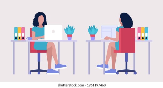 Workflow illustration. Different views. Young woman works at home or office with a laptop. Freelancer. Worker. Vector illustration in a flat style