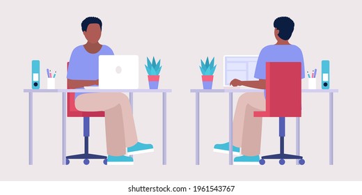 Workflow illustration. Different views. Young woman works at home or office with a laptop. Freelancer. Worker. Vector illustration in a flat style