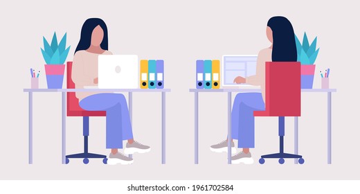 Workflow illustration. Different views. Young woman works at home or office with a laptop. Freelancer. Worker. Vector illustration in a flat style
