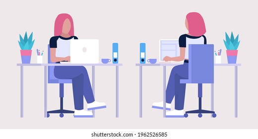 Workflow illustration. Different views. Young woman works at home or office with a laptop. Freelancer. Worker. Vector illustration in a flat style