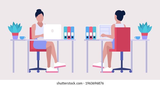 Workflow illustration. Different views. Young woman works at home or office with a laptop. Freelancer. Worker. Vector illustration in a flat style