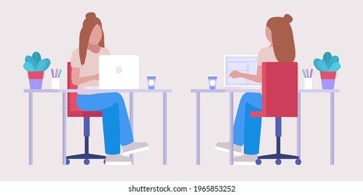 Workflow illustration. Different views. Young woman works at home or office with a laptop. Freelancer. Worker. Vector illustration in a flat style