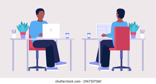 Workflow illustration. Different views. Young woman works at home or office with a laptop. Freelancer. Worker. Vector illustration in a flat style