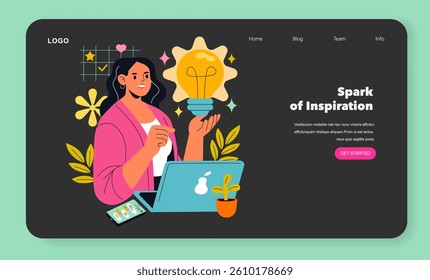 Workflow illustration emphasizing creativity and inspiration. A woman brainstorming while using technology, showcasing an idea generation process. Elements include plants and light bulbs, symbolizing