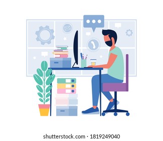 Workflow illustration. Man with computer. Communication in social networks, mail, online meeting, video call. Vector illustration in a flat style
