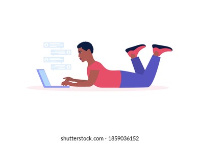 Ilustración de flujo de trabajo. Hombre con laptop. Comunicación en redes sociales, correo, reunión en línea, videollamada. Ilustración vectorial en un estilo plano