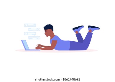 Workflow illustration. Man with laptop. Communication in social networks, mail, online meeting, video call. Vector illustration in a flat style