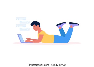 Ilustración de flujo de trabajo. Hombre con laptop. Comunicación en redes sociales, correo, reunión en línea, videollamada. Ilustración vectorial en un estilo plano