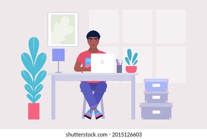 Workflow illustration. Young character works at home or office with a laptop. Freelancer. Worker. Vector illustration in a flat style
