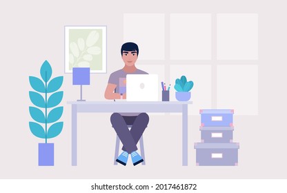 Workflow illustration. Young character works at home or office with a laptop. Freelancer. Worker. Vector illustration in a flat style