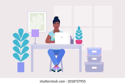 Workflow illustration. Young character works at home or office with a laptop. Freelancer. Worker. Vector illustration in a flat style