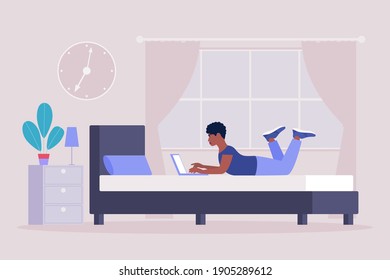 Workflow illustration. Young man works at home with a laptop. Freelancer works on the bad. Communication in social networks, mail, online meeting, video call. Vector illustration in a flat style