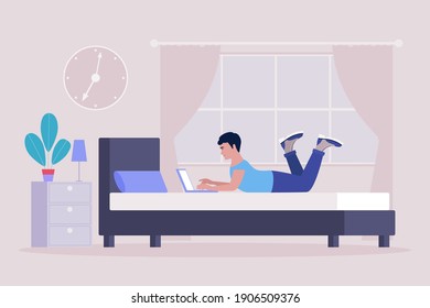Workflow-Illustration. Der junge Mann arbeitet zu Hause mit einem Laptop. Freiberufler arbeitet an den Bösen. Kommunikation in sozialen Netzwerken, Post, Online-Treffen, Videoanruf. Vektorgrafik im Flachstil