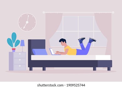 Ilustración de flujo de trabajo. Un joven trabaja en casa con una laptop. El autónomo trabaja en lo malo. Comunicación en redes sociales, correo, reunión en línea, videollamada. Ilustración vectorial en un estilo plano