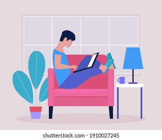 Workflow illustration. Young man works at home with a laptop. Freelancer works on a chair. Communication in social networks, mail, online meeting, video call. Vector illustration in a flat style