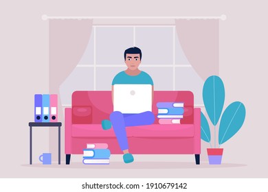 Workflow illustration. Young man works at home with a laptop. Freelancer works on the couch. Communication in social networks, mail, online meeting, video call. Vector illustration in a flat style