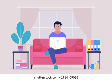 Workflow illustration. Young man works at home with a laptop. Freelancer works on the couch. Communication in social networks, mail, online meeting, video call. Vector illustration in a flat style