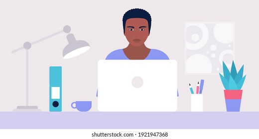 Workflow-Illustration. Der junge Mann arbeitet zu Hause oder im Büro mit einem Laptop. Freiberufler. Arbeiter. Kommunikation in sozialen Netzwerken, Post, Online-Treffen, Videoanruf. Vektorgrafik im Flachstil