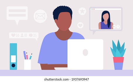 Workflow-Illustration. Der junge Mann arbeitet zu Hause oder im Büro mit einem Laptop. Freiberufler. Arbeiter. Kommunikation in sozialen Netzwerken, Post, Online-Treffen, Videoanruf. Vektorgrafik im Flachstil