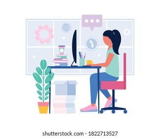 Workflow-Illustration. Junge Frau mit Computer. Kommunikation in sozialen Netzwerken, Post, Online-Treffen, Videoanruf. Vektorgrafik im Flachstil