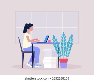 Workflow illustration. Young woman with computer. Communication in social networks, mail, online meeting, video call. Vector illustration in a flat style