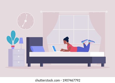 Workflow illustration. Young woman works at home with a laptop. Freelancer works on the bad. Communication in social networks, mail, online meeting, video call. Vector illustration in a flat style