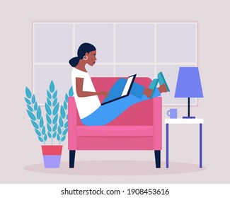 Workflow illustration. Young woman works at home with a laptop. Freelancer works on a chair. Communication in social networks, mail, online meeting, video call. Vector illustration in a flat style