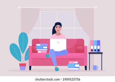 Workflow illustration. Young woman works at home with a laptop. Freelancer works on the couch. Communication in social networks, mail, online meeting, video call. Vector illustration in a flat style