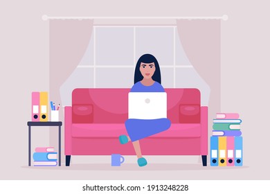 Workflow illustration. Young woman works at home with a laptop. Freelancer works on the couch. Communication in social networks, mail, online meeting, video call. Vector illustration in a flat style