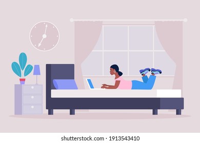 Workflow Illustration. Young Woman Works At Home With A Laptop. Freelancer Works On The Bad. Communication In Social Networks, Mail, Online Meeting, Video Call. Vector Illustration In A Flat Style