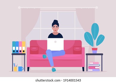 Workflow illustration. Young woman works at home with a laptop. Freelancer works on the couch. Communication in social networks, mail, online meeting, video call. Vector illustration in a flat style