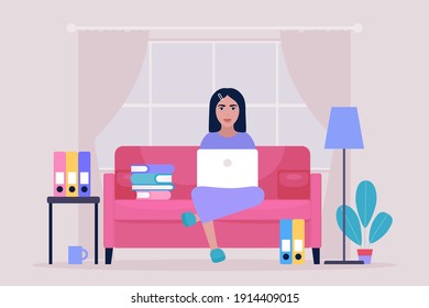 Workflow illustration. Young woman works at home with a laptop. Freelancer works on the couch. Communication in social networks, mail, online meeting, video call. Vector illustration in a flat style