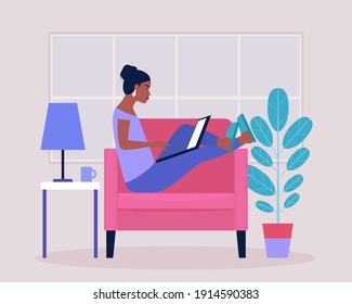 Workflow illustration. Young woman works at home with a laptop. Freelancer works on a chair. Communication in social networks, mail, online meeting, video call. Vector illustration in a flat style