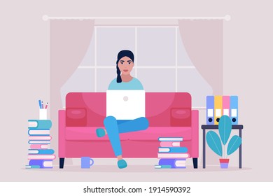 Workflow illustration. Young woman works at home with a laptop. Freelancer works on the couch. Communication in social networks, mail, online meeting, video call. Vector illustration in a flat style