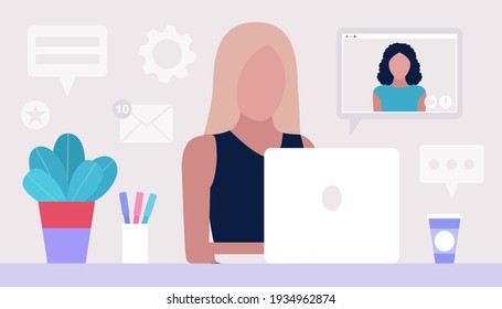 Workflow illustration. Young woman works at home or office with a laptop. Freelancer. Worker. Communication in social networks, mail, online meeting, video call. Vector illustration in a flat style