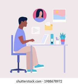 Workflow illustration. Young woman works at home or office with a laptop. Freelancer. Worker. Communication in social networks, mail, online meeting, video call. Vector illustration in a flat style