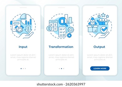 Workflow key components blue onboarding mobile app screen. Walkthrough 3 steps editable graphic instructions with linear concepts. UI, UX, GUI