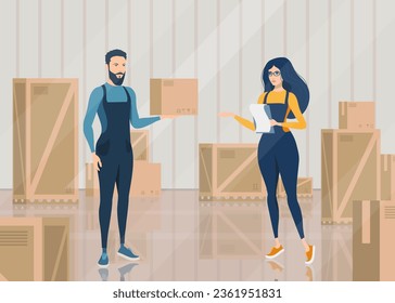 Workflow in a large warehouse for the delivery of goods. Cartoon, vector illustration.	
