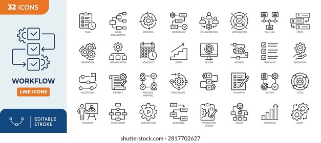 Workflow line editable icon set. Containing Workflow, process, progress, management, diagram, flowchart and more. Editable stroke. Vector illustration	
