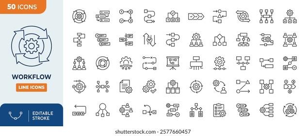 Workflow Line Editable Icons set. Contain related icons: networking, progress, scheme, and more. Vector illustration	
